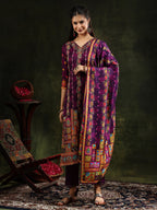 Hand Embroidered & Printed Pure Silk Kurta With Pant & Printed Dupatta, Purple - Hiral Fashion | Grocsy