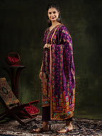 Hand Embroidered & Printed Pure Silk Kurta With Pant & Printed Dupatta, Purple - Hiral Fashion | Grocsy