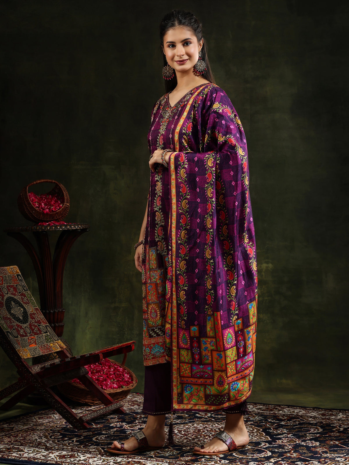 Hand Embroidered & Printed Pure Silk Kurta With Pant & Printed Dupatta, Purple - Hiral Fashion | Grocsy
