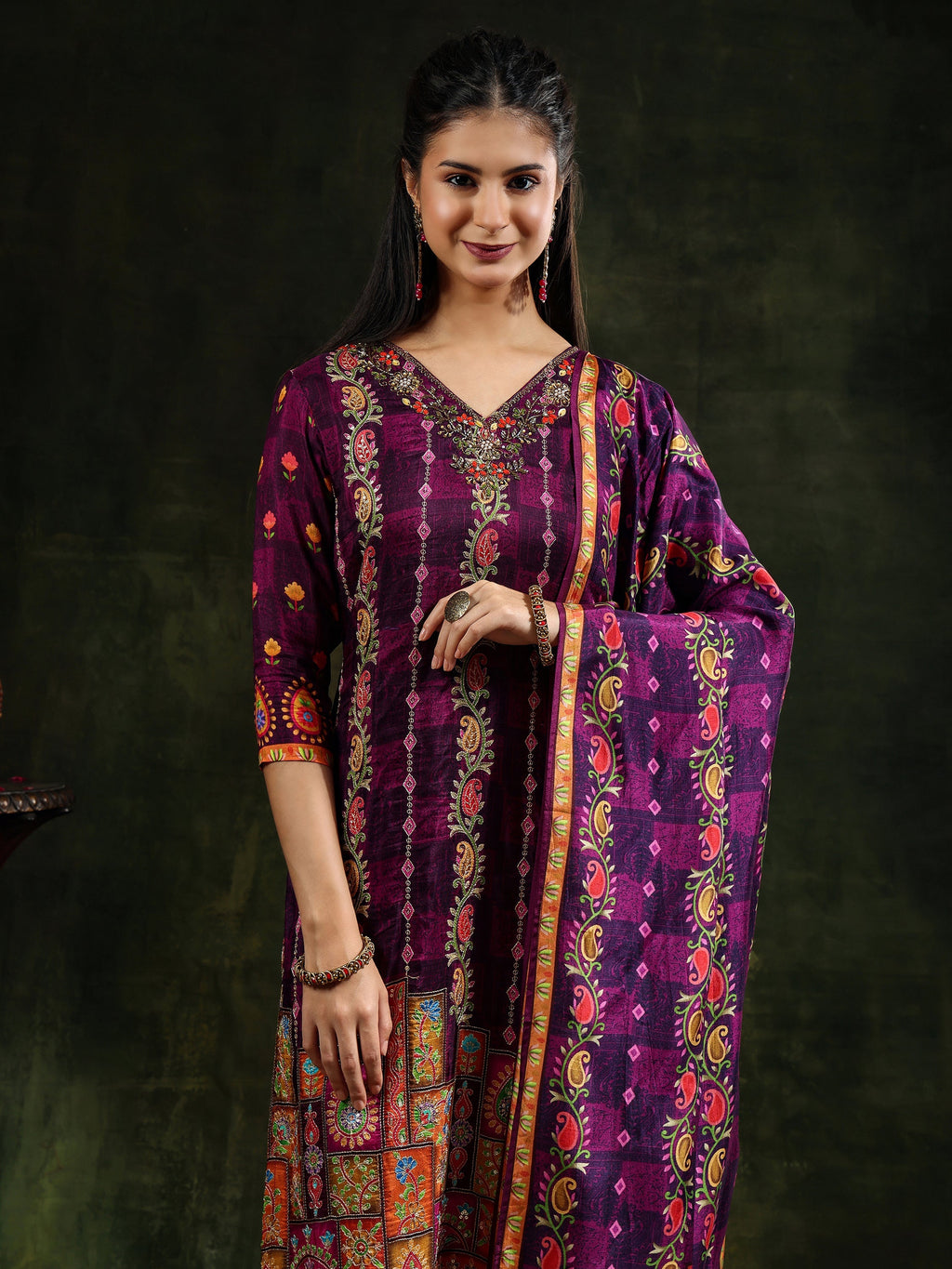 Hand Embroidered & Printed Pure Silk Kurta With Pant & Printed Dupatta, Purple - Hiral Fashion | Grocsy