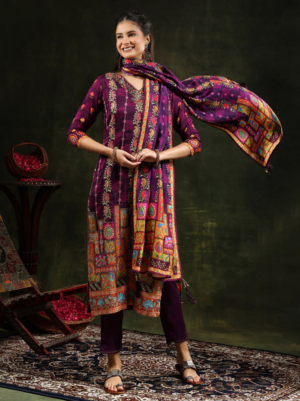 Hand Embroidered & Printed Pure Silk Kurta With Pant & Printed Dupatta, Purple - Hiral Fashion | Grocsy