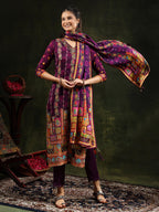 Hand Embroidered & Printed Pure Silk Kurta With Pant & Printed Dupatta, Purple - Hiral Fashion | Grocsy