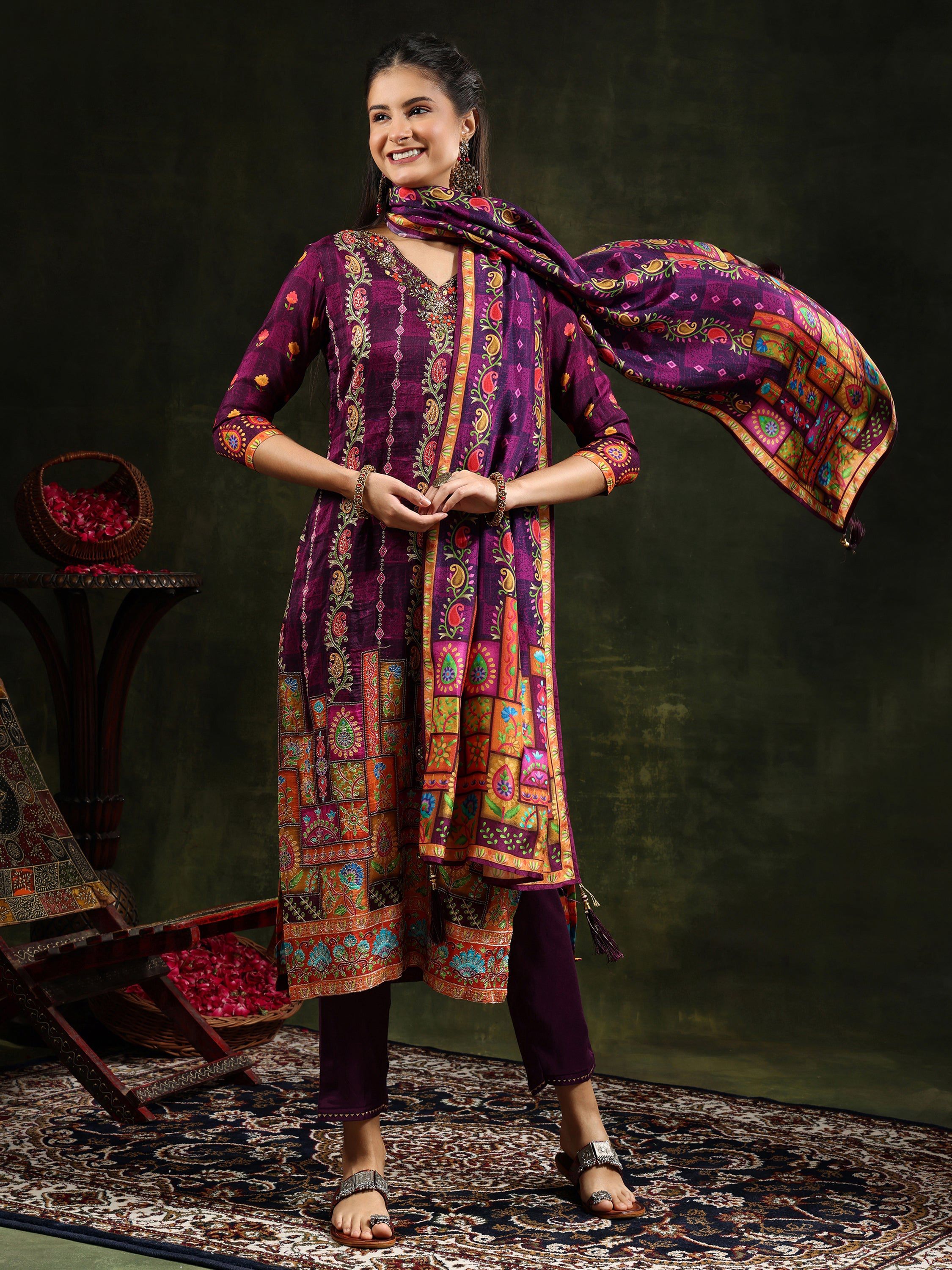 Hand Embroidered & Printed Pure Silk Kurta With Pant & Printed Dupatta, Purple - Hiral Fashion | Grocsy
