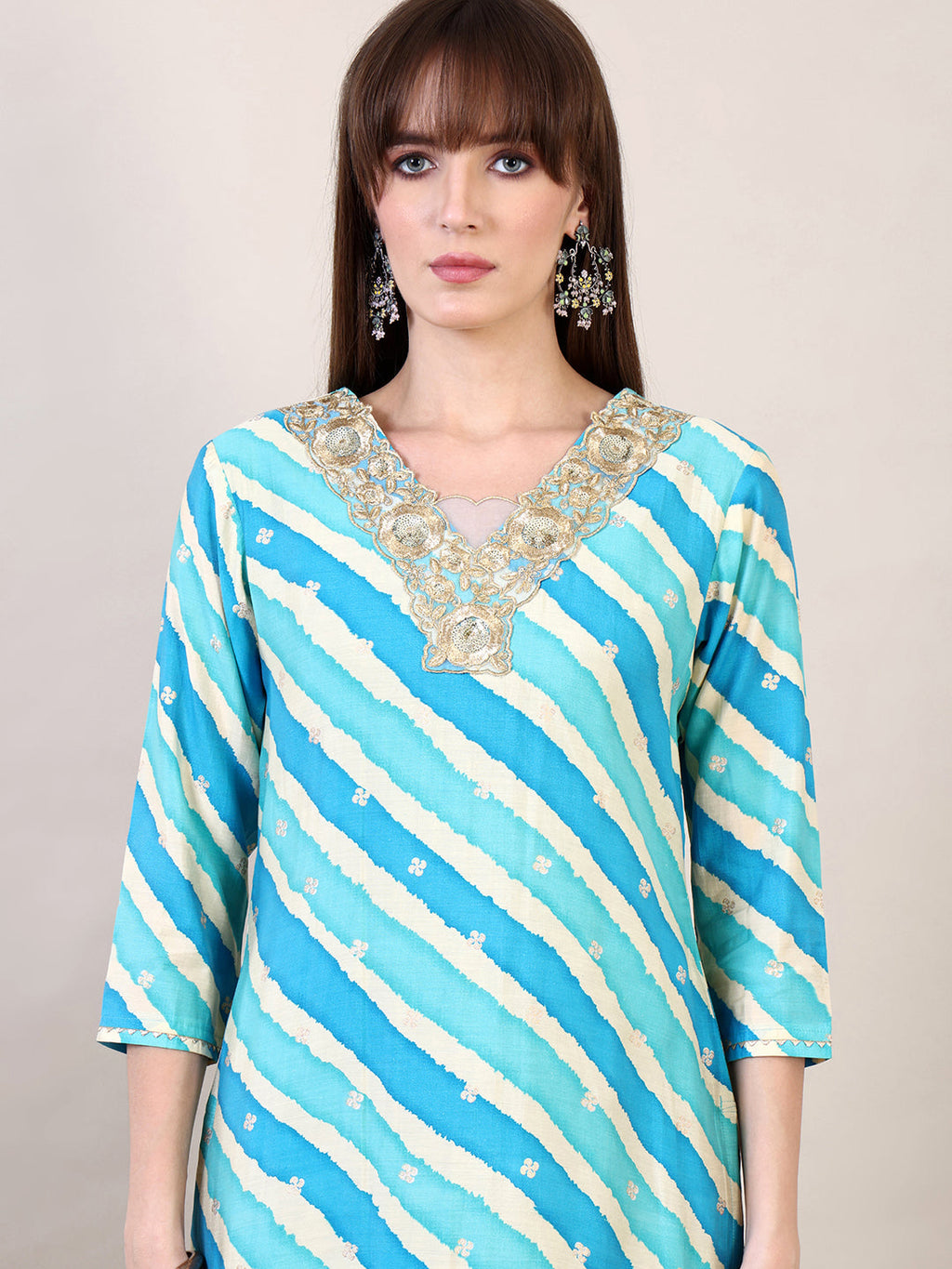 Leheriya Printed & Applique Embroidered Kurta With Pant & Dupatta, Blue - Hiral Fashion | Grocsy