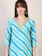 Leheriya Printed & Applique Embroidered Kurta With Pant & Dupatta, Blue - Hiral Fashion | Grocsy