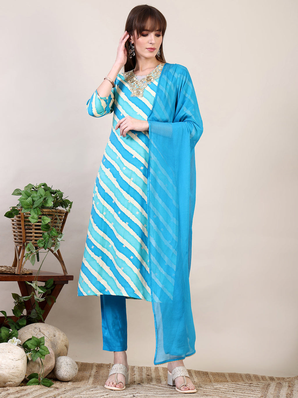 Leheriya Printed & Applique Embroidered Kurta With Pant & Dupatta, Blue - Hiral Fashion | Grocsy