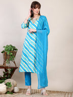 Leheriya Printed & Applique Embroidered Kurta With Pant & Dupatta, Blue - Hiral Fashion | Grocsy