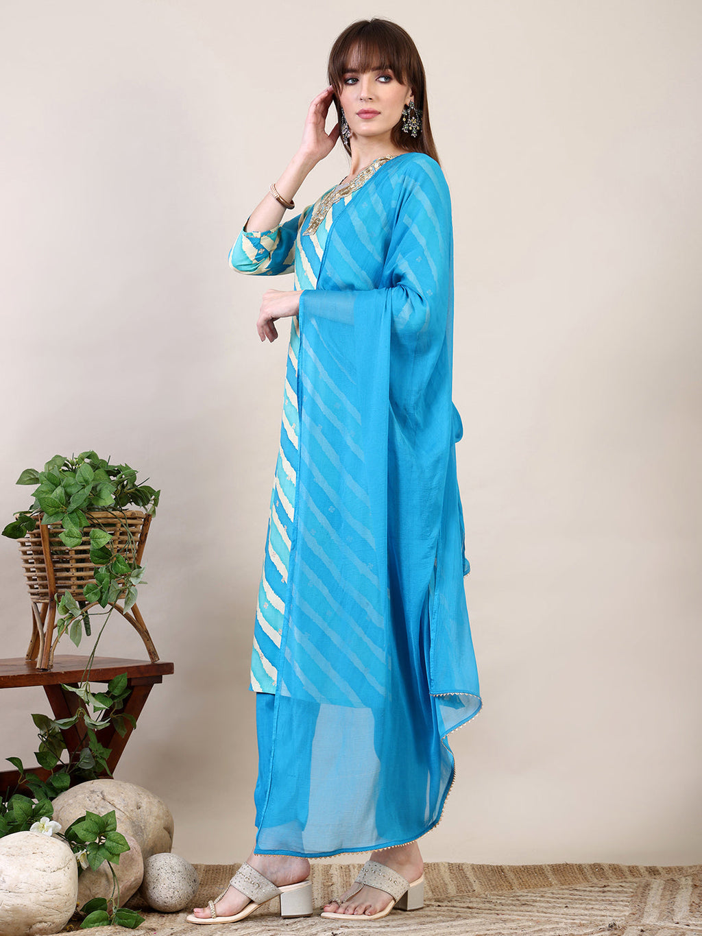 Leheriya Printed & Applique Embroidered Kurta With Pant & Dupatta, Blue - Hiral Fashion | Grocsy