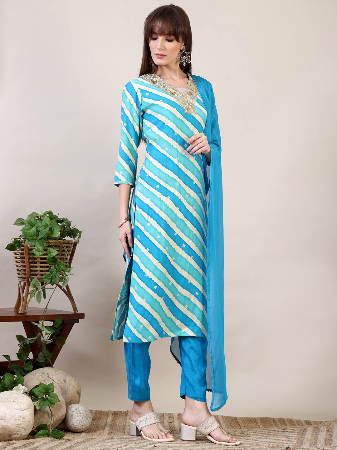 Leheriya Printed & Applique Embroidered Kurta With Pant & Dupatta, Blue - Hiral Fashion | Grocsy
