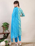 Leheriya Printed & Applique Embroidered Kurta With Pant & Dupatta, Blue - Hiral Fashion | Grocsy
