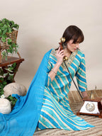 Leheriya Printed & Applique Embroidered Kurta With Pant & Dupatta, Blue - Hiral Fashion | Grocsy