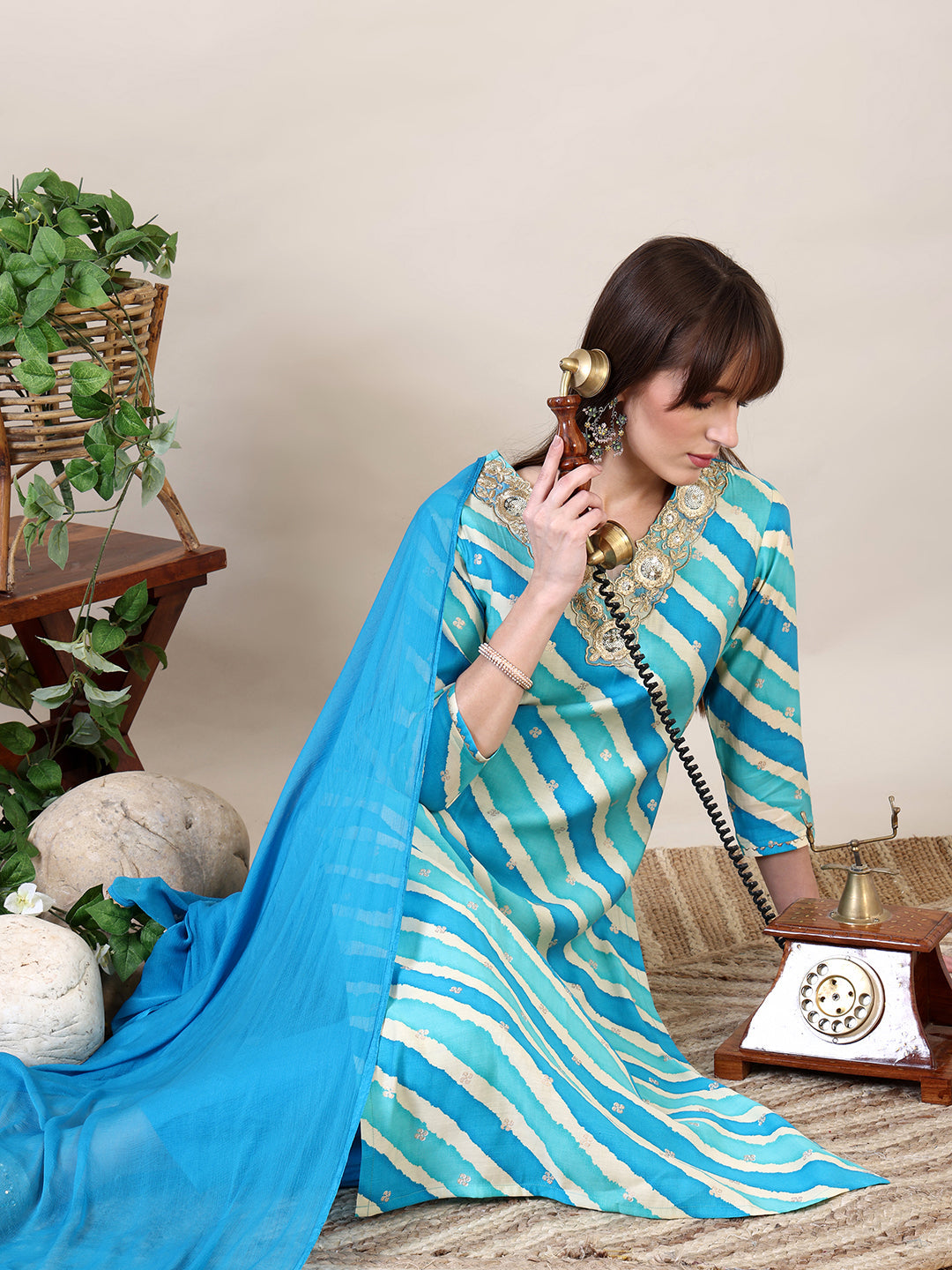 Leheriya Printed & Applique Embroidered Kurta With Pant & Dupatta, Blue - Hiral Fashion | Grocsy