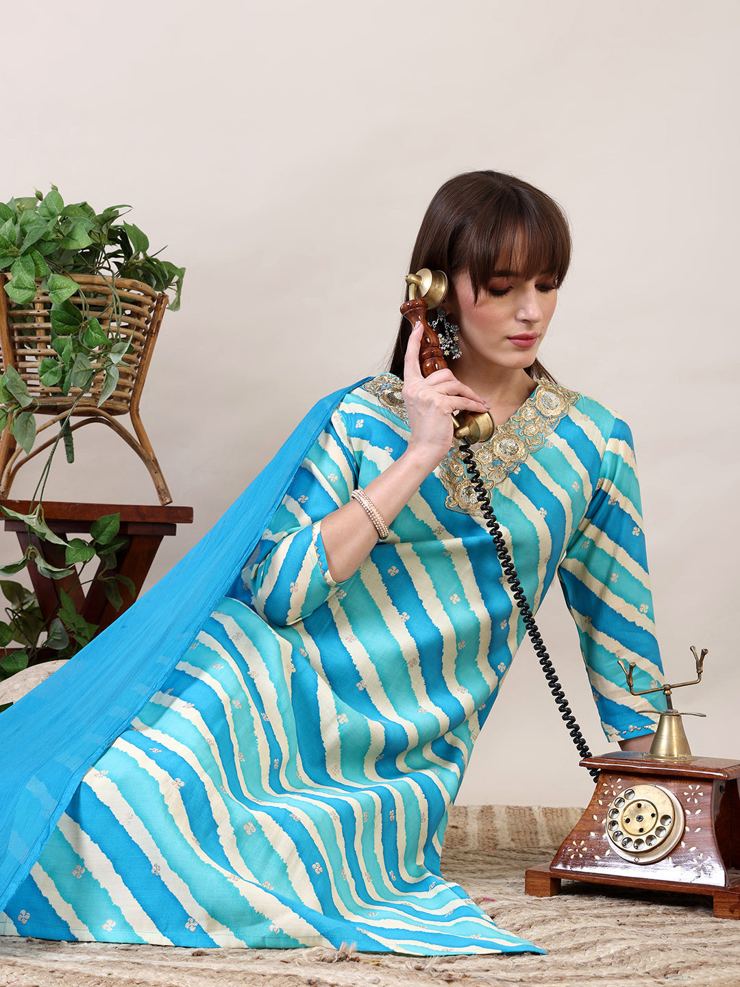 Leheriya Printed & Applique Embroidered Kurta With Pant & Dupatta, Blue - Hiral Fashion | Grocsy