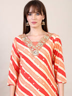 Leheriya Printed & Applique Embroidered Kurta With Pant & Dupatta, Orange - Hiral Fashion | Grocsy