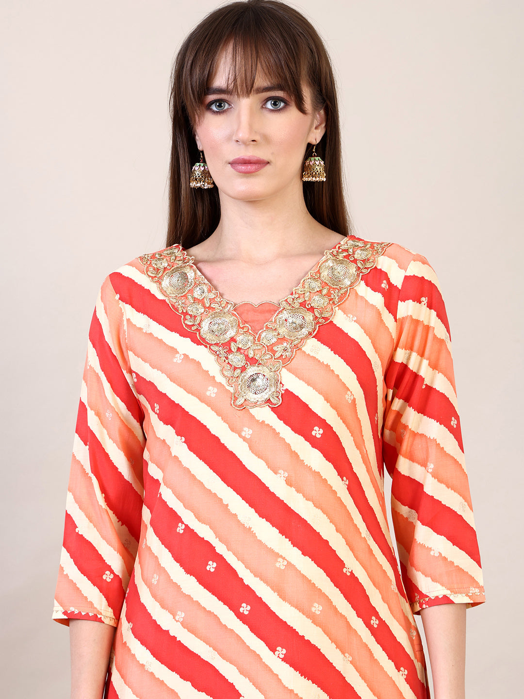 Leheriya Printed & Applique Embroidered Kurta With Pant & Dupatta, Orange - Hiral Fashion | Grocsy