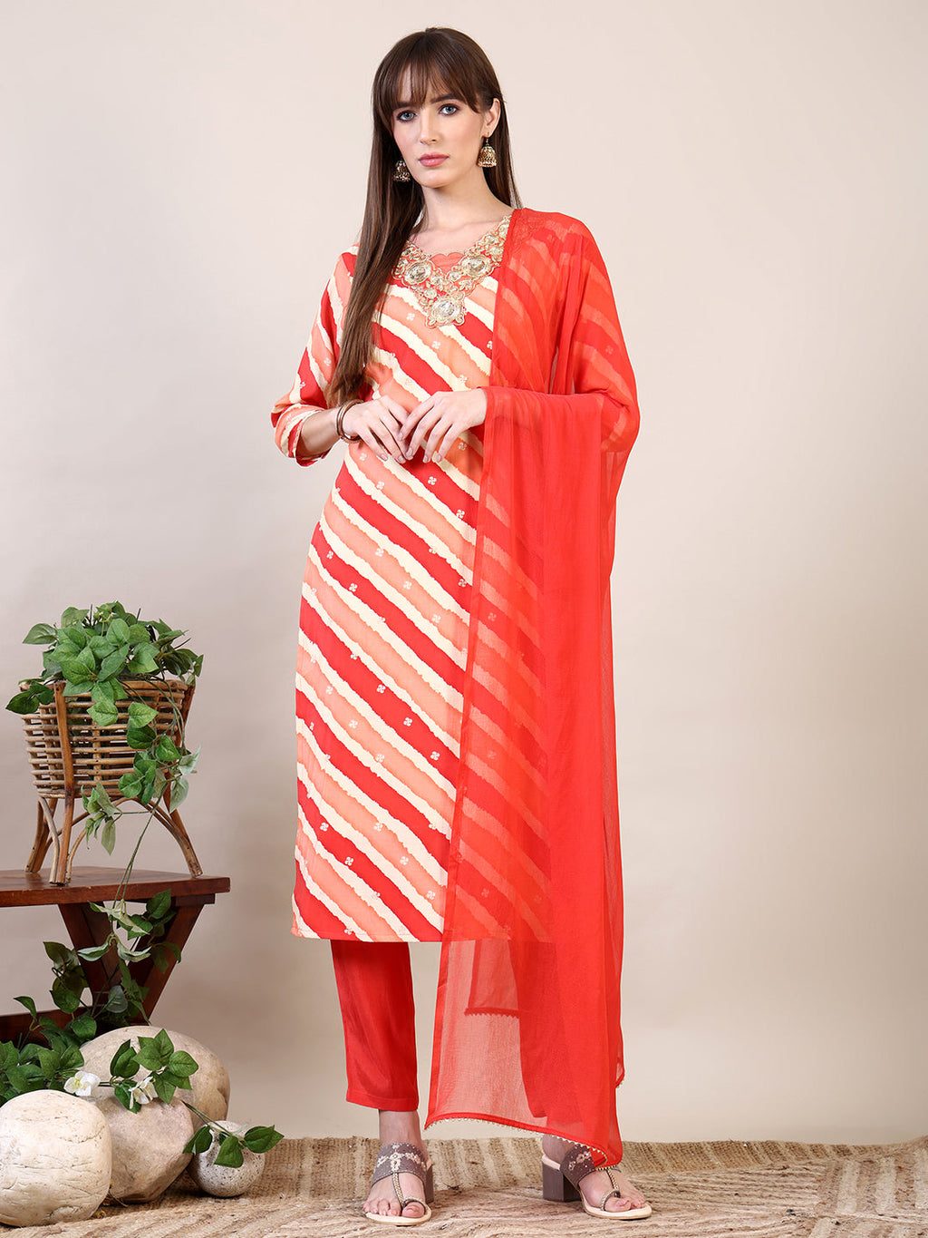 Leheriya Printed & Applique Embroidered Kurta With Pant & Dupatta, Orange - Hiral Fashion | Grocsy