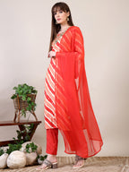 Leheriya Printed & Applique Embroidered Kurta With Pant & Dupatta, Orange - Hiral Fashion | Grocsy