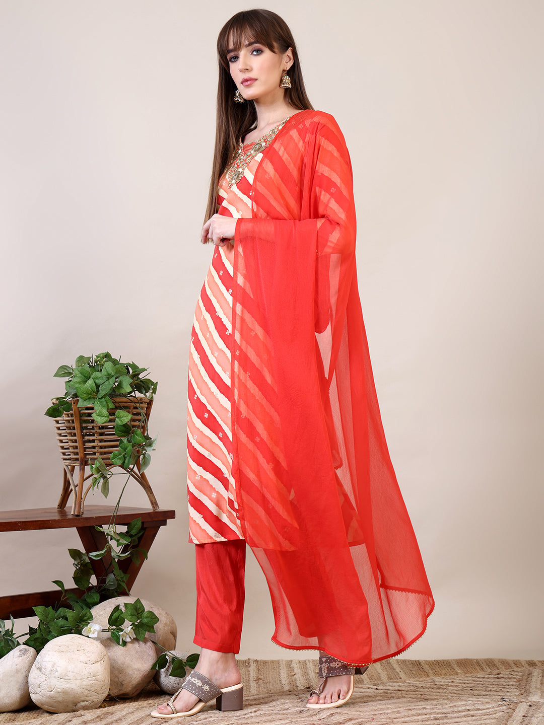 Leheriya Printed & Applique Embroidered Kurta With Pant & Dupatta, Orange - Hiral Fashion | Grocsy