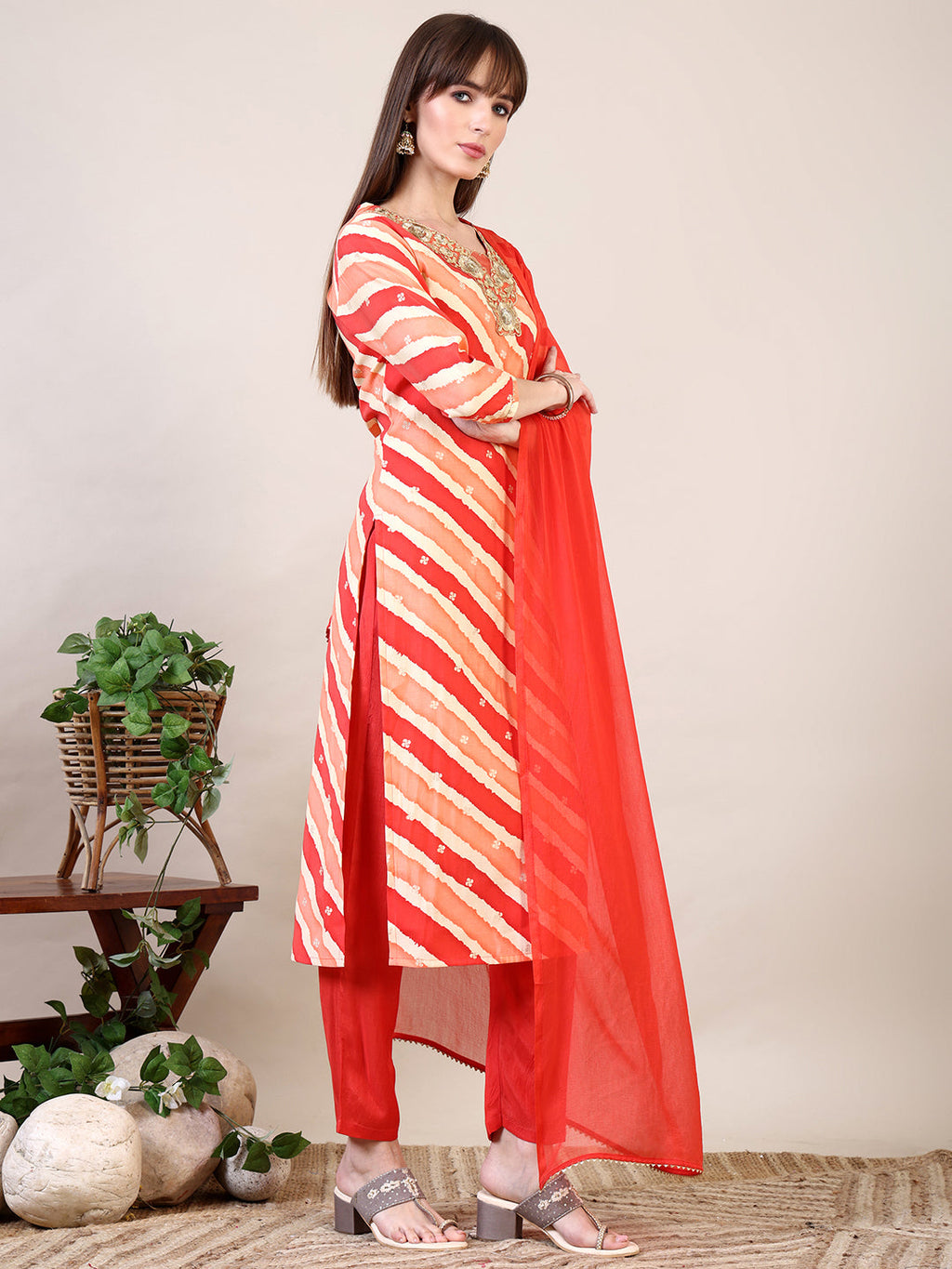 Leheriya Printed & Applique Embroidered Kurta With Pant & Dupatta, Orange - Hiral Fashion | Grocsy
