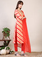 Leheriya Printed & Applique Embroidered Kurta With Pant & Dupatta, Orange - Hiral Fashion | Grocsy