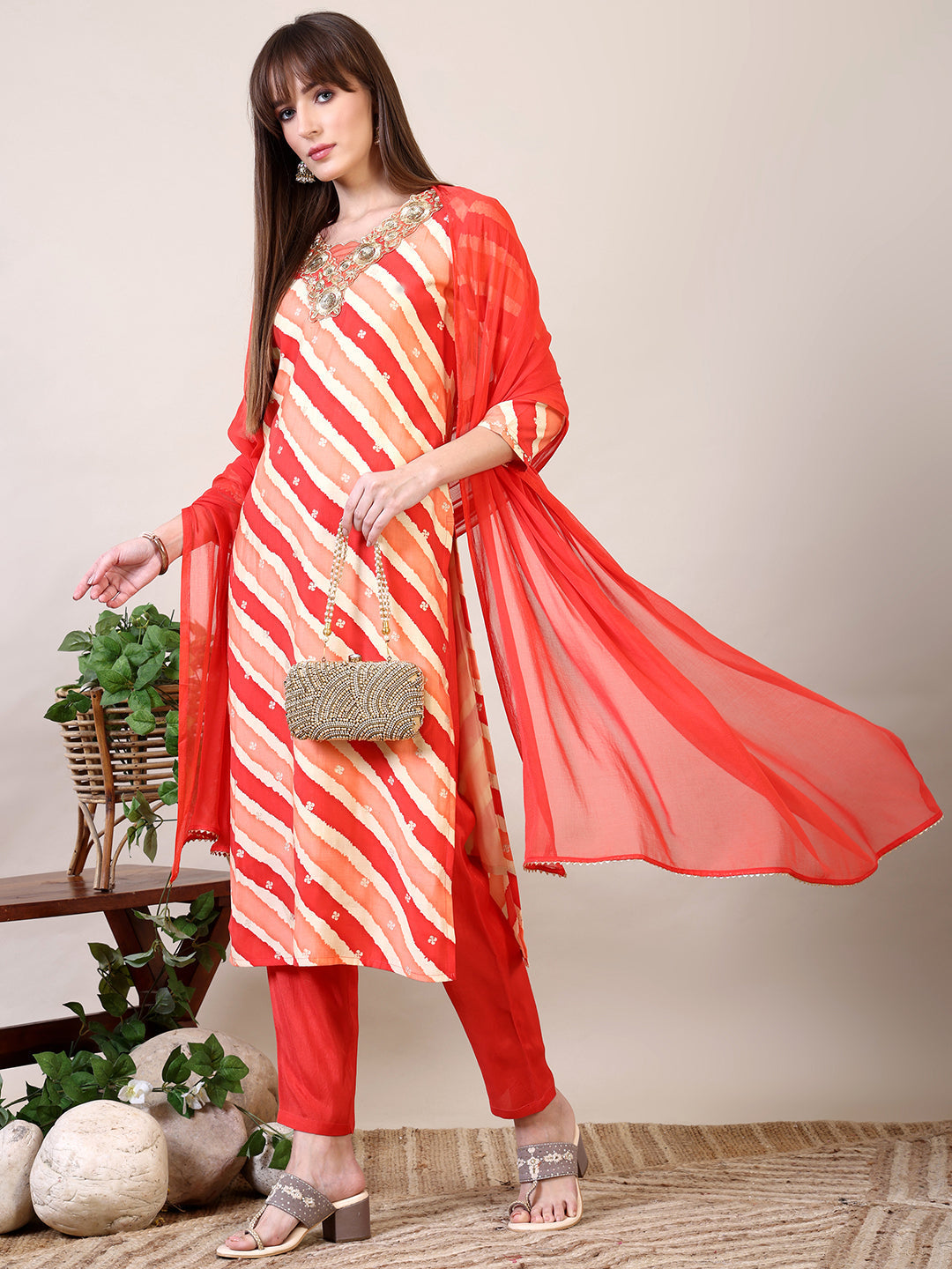Leheriya Printed & Applique Embroidered Kurta With Pant & Dupatta, Orange - Hiral Fashion | Grocsy