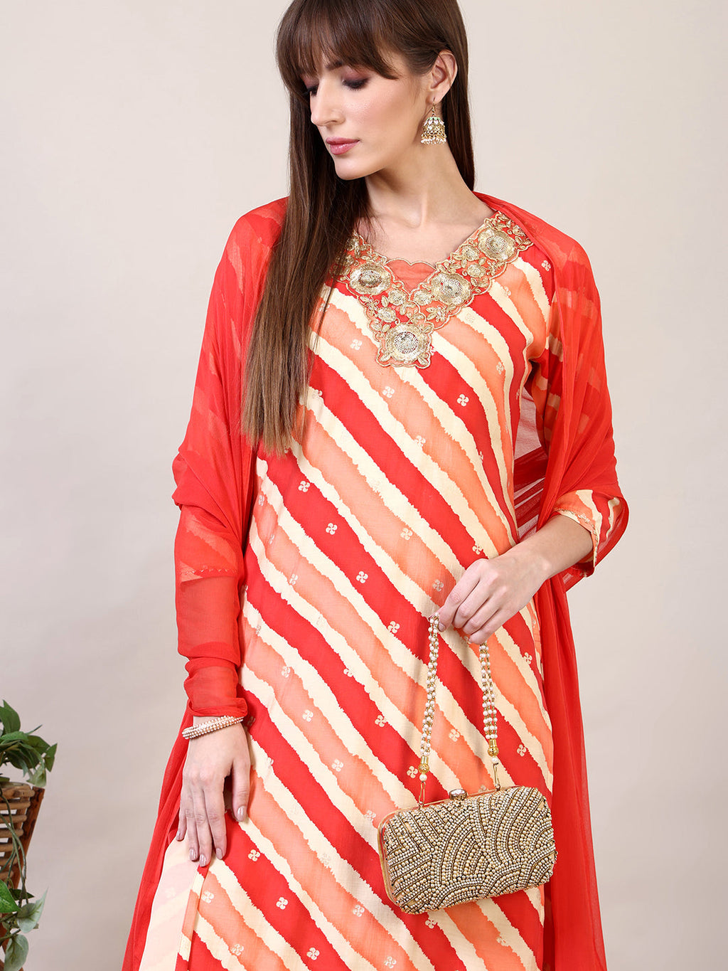 Leheriya Printed & Applique Embroidered Kurta With Pant & Dupatta, Orange - Hiral Fashion | Grocsy