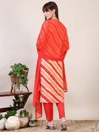 Leheriya Printed & Applique Embroidered Kurta With Pant & Dupatta, Orange - Hiral Fashion | Grocsy