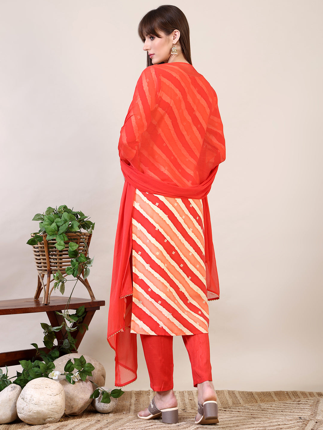 Leheriya Printed & Applique Embroidered Kurta With Pant & Dupatta, Orange - Hiral Fashion | Grocsy