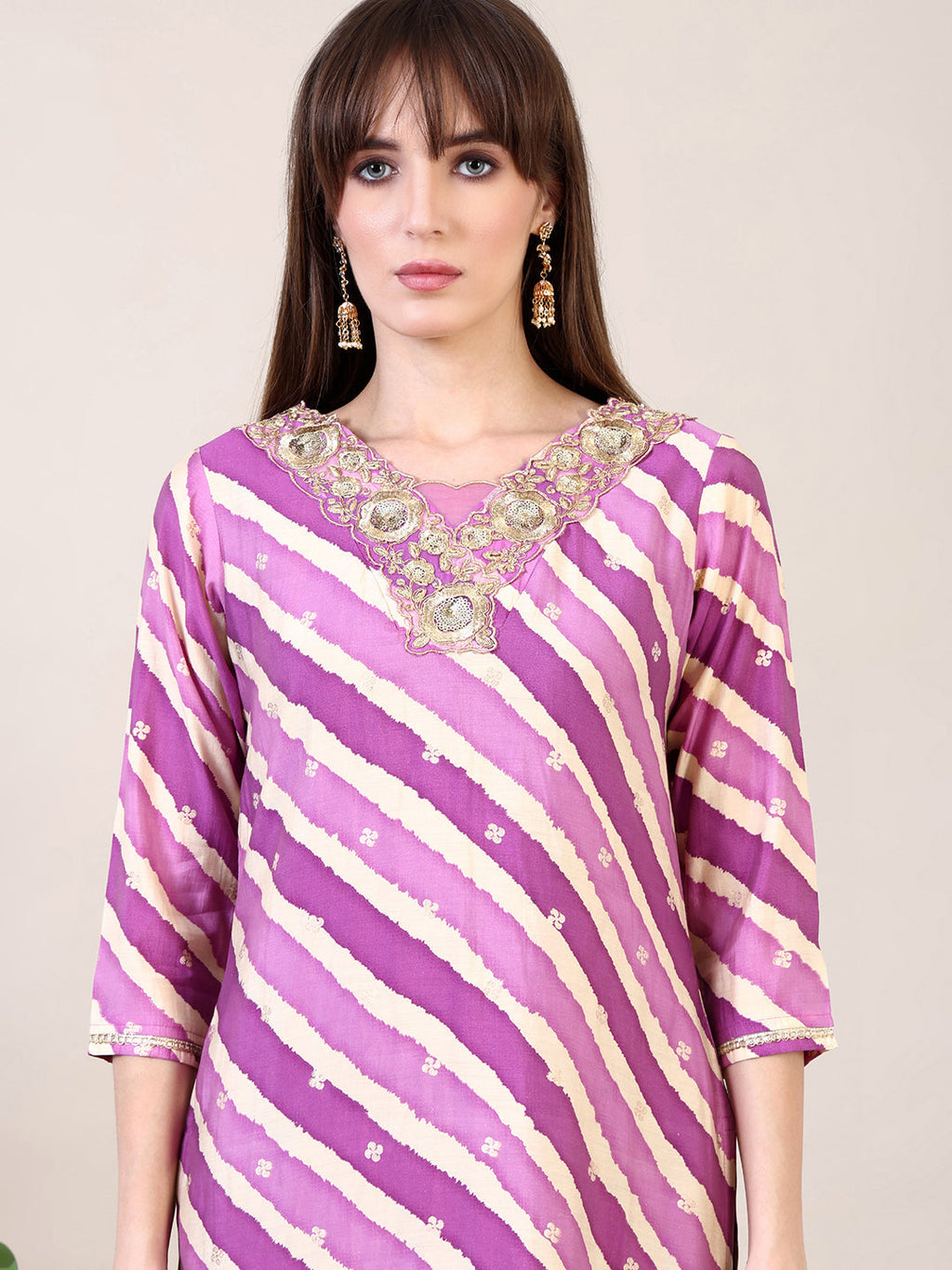 Leheriya Printed & Applique Embroidered Kurta With Pant & Dupatta, Pink - Hiral Fashion | Grocsy