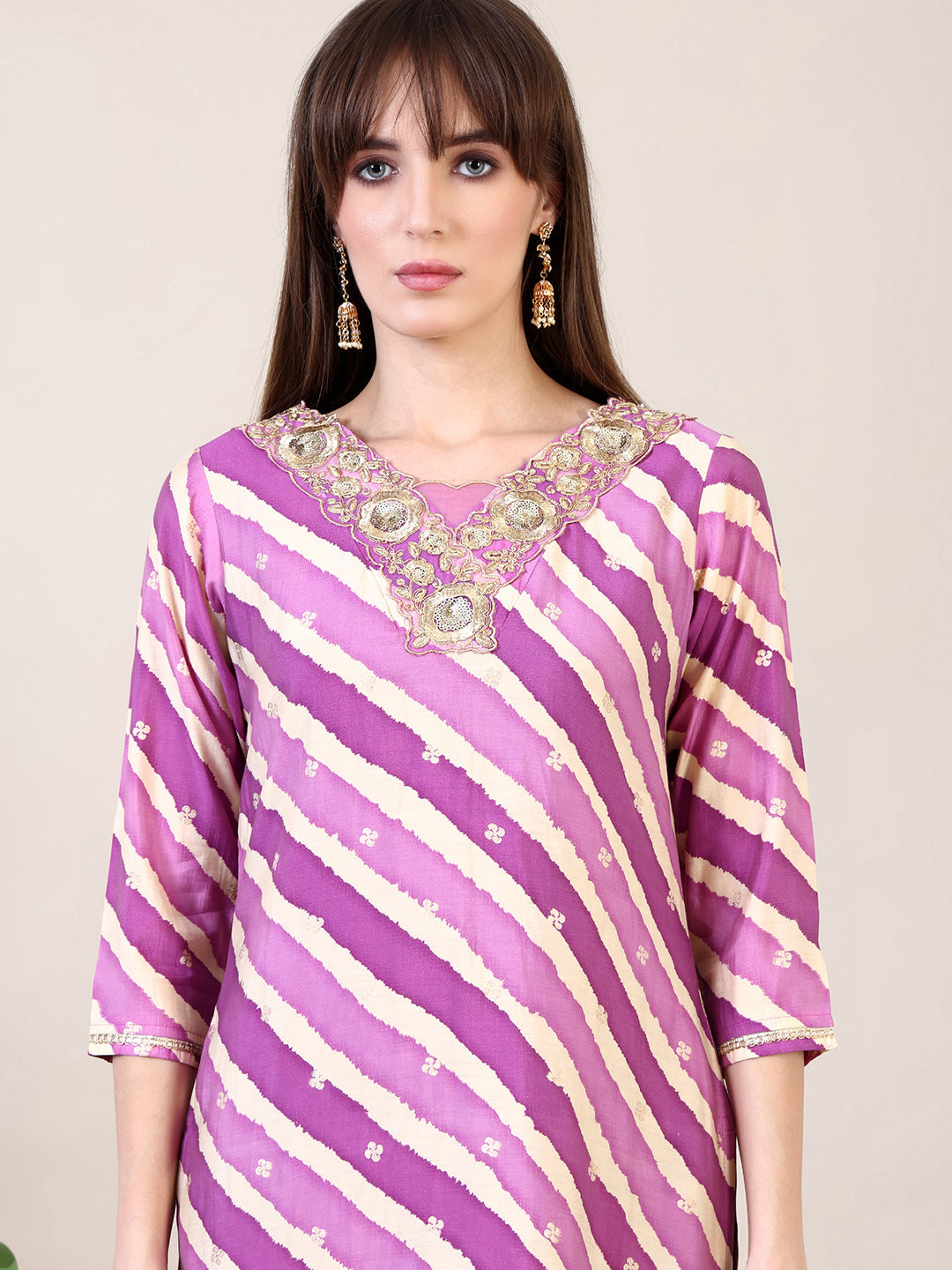 Leheriya Printed & Applique Embroidered Kurta With Pant & Dupatta, Pink - Hiral Fashion | Grocsy