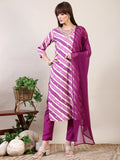 Leheriya Printed & Applique Embroidered Kurta With Pant & Dupatta, Pink - Hiral Fashion | Grocsy