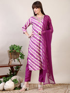 Leheriya Printed & Applique Embroidered Kurta With Pant & Dupatta, Pink - Hiral Fashion | Grocsy