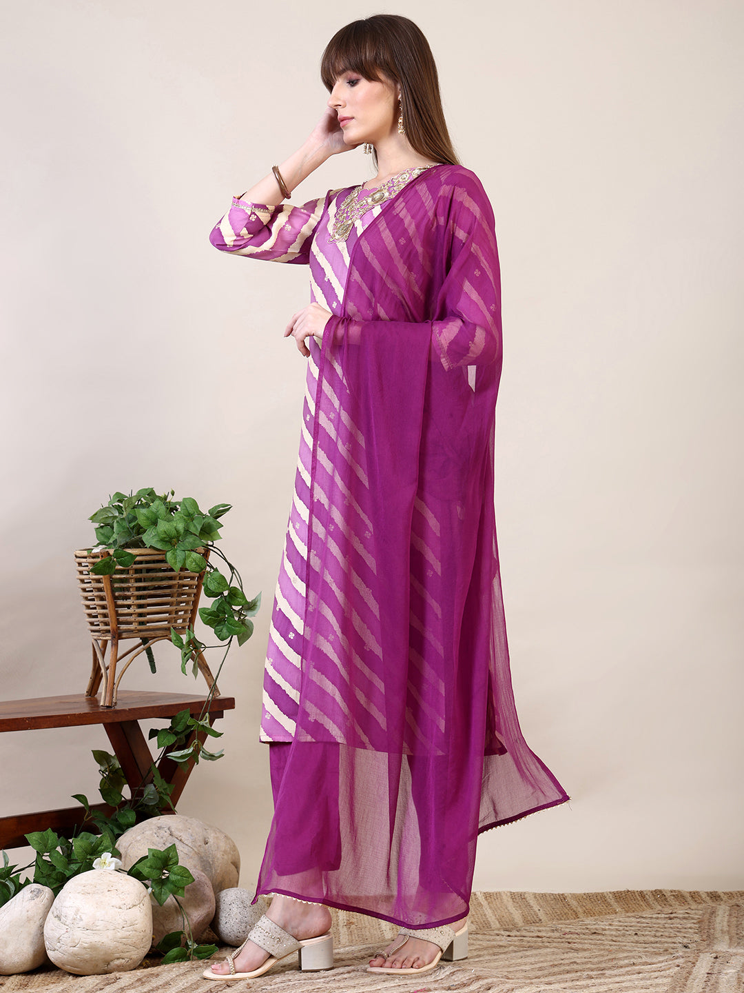 Leheriya Printed & Applique Embroidered Kurta With Pant & Dupatta, Pink - Hiral Fashion | Grocsy