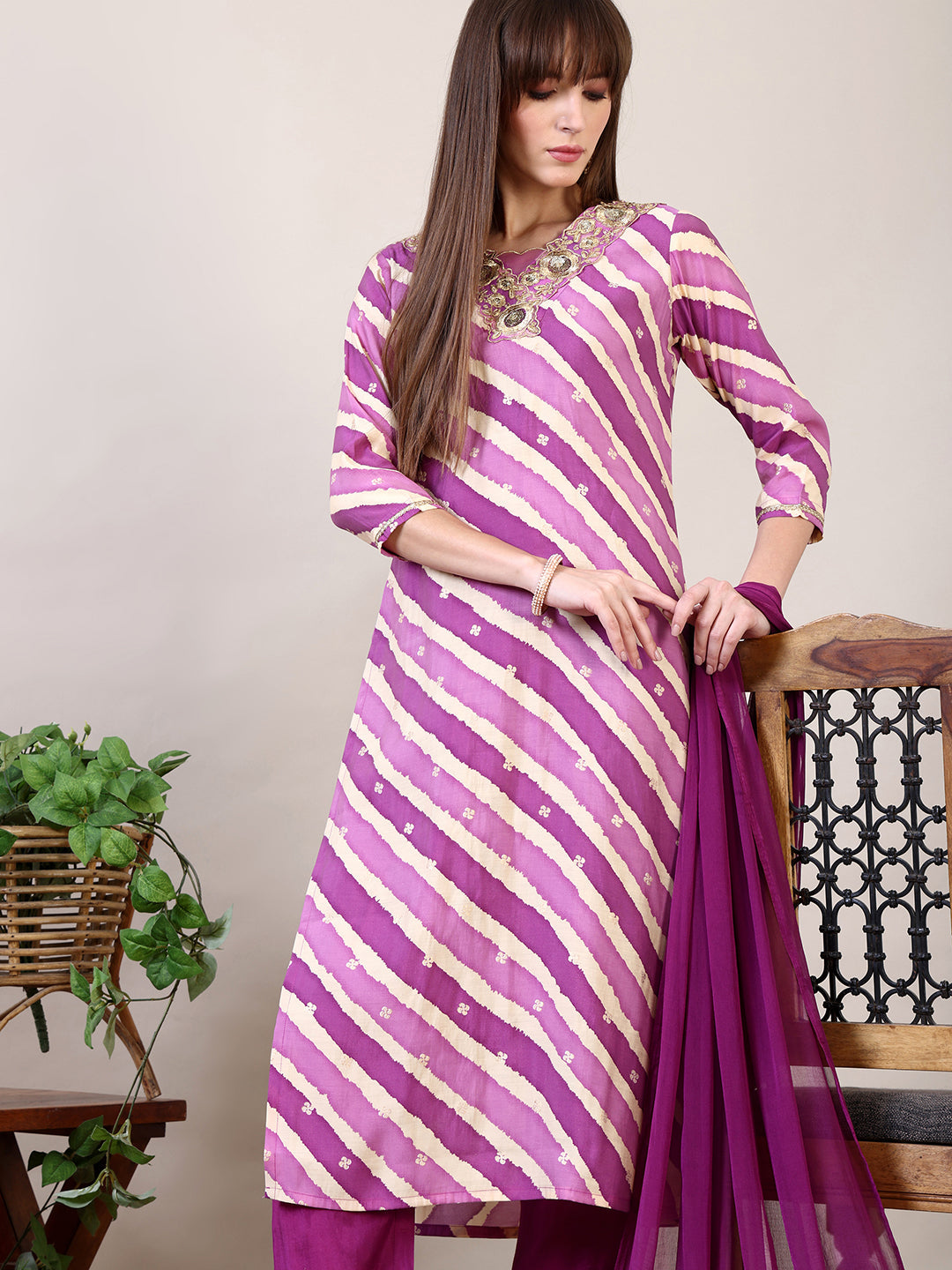 Leheriya Printed & Applique Embroidered Kurta With Pant & Dupatta, Pink - Hiral Fashion | Grocsy