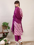 Leheriya Printed & Applique Embroidered Kurta With Pant & Dupatta, Pink - Hiral Fashion | Grocsy