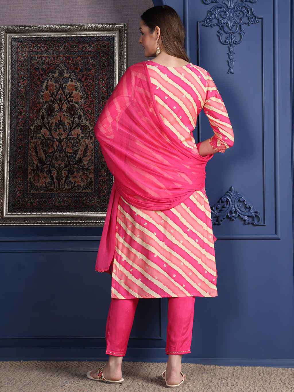 Leheriya Printed & Applique Embroidered Kurta With Pant & Dupatta, Pink - Hiral Fashion | Grocsy