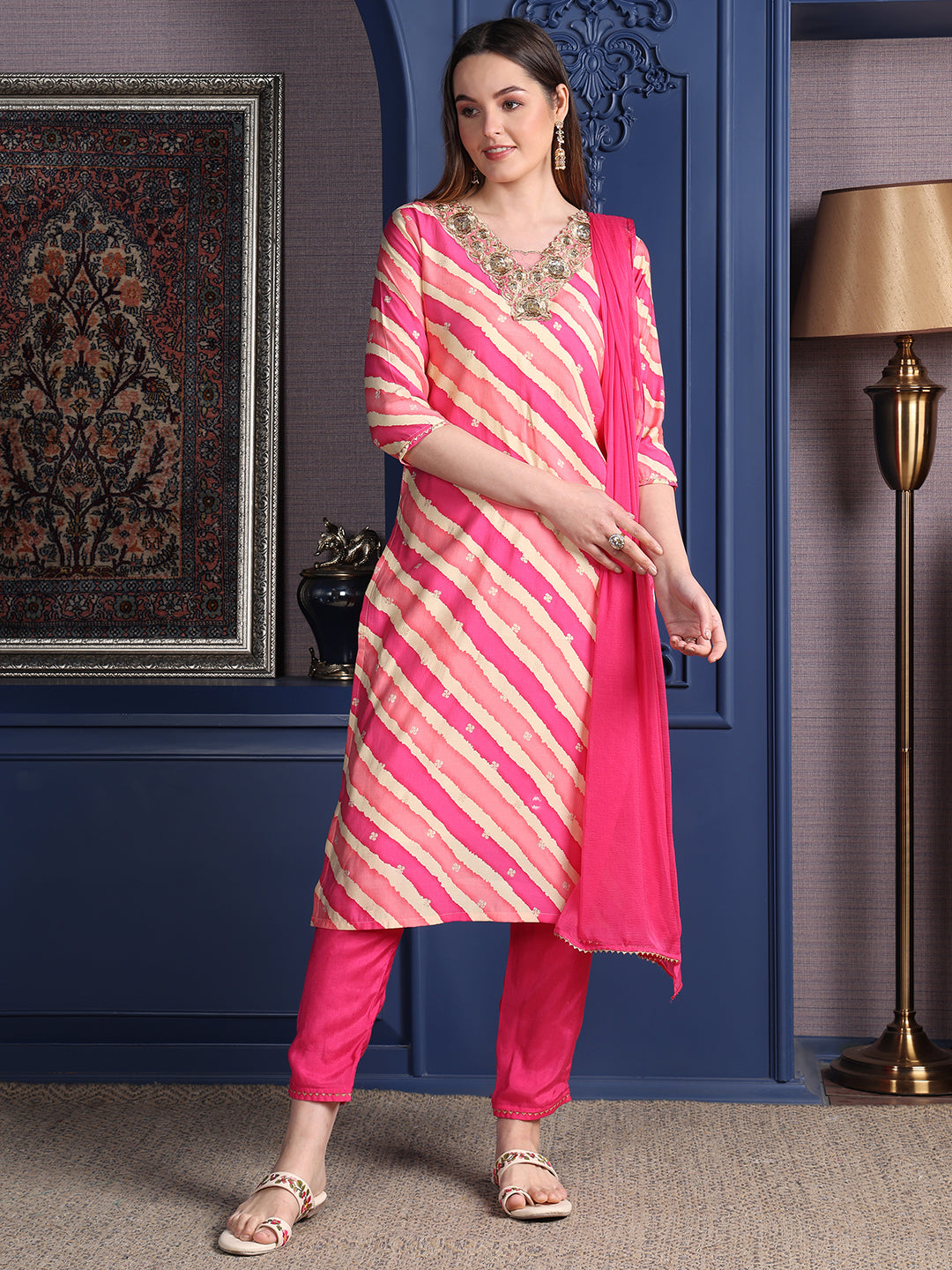 Leheriya Printed & Applique Embroidered Kurta With Pant & Dupatta, Pink - Hiral Fashion | Grocsy