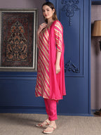 Leheriya Printed & Applique Embroidered Kurta With Pant & Dupatta, Pink - Hiral Fashion | Grocsy