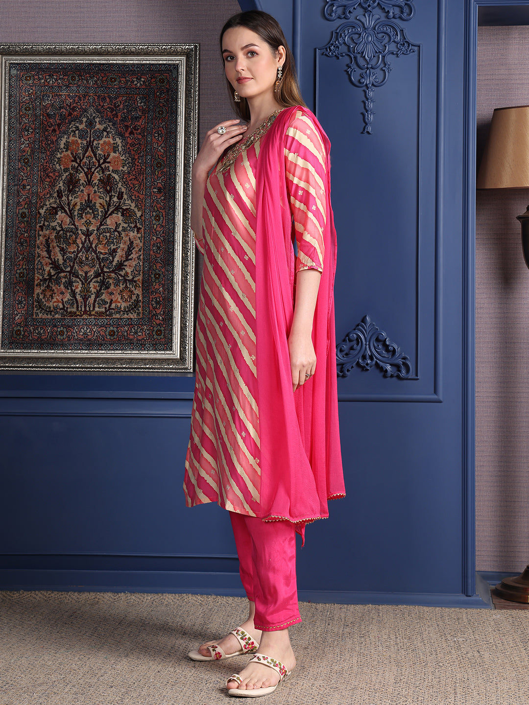 Leheriya Printed & Applique Embroidered Kurta With Pant & Dupatta, Pink - Hiral Fashion | Grocsy