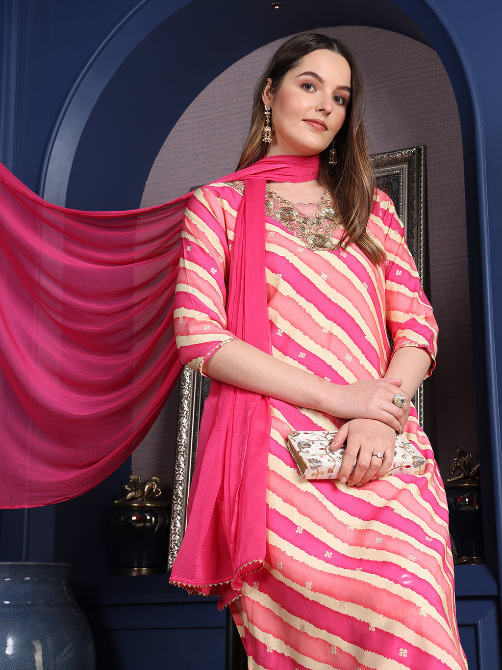 Leheriya Printed & Applique Embroidered Kurta With Pant & Dupatta, Pink - Hiral Fashion | Grocsy