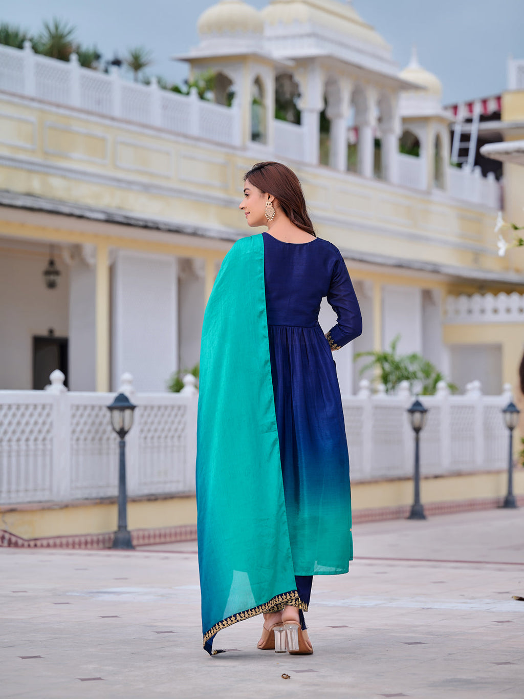 Alia Cut Embroidered Silk Blend Kurta With Pant & Dupatta, Navy Blue - Hiral Fashion | Grocsy