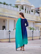 Alia Cut Embroidered Silk Blend Kurta With Pant & Dupatta, Navy Blue - Hiral Fashion | Grocsy