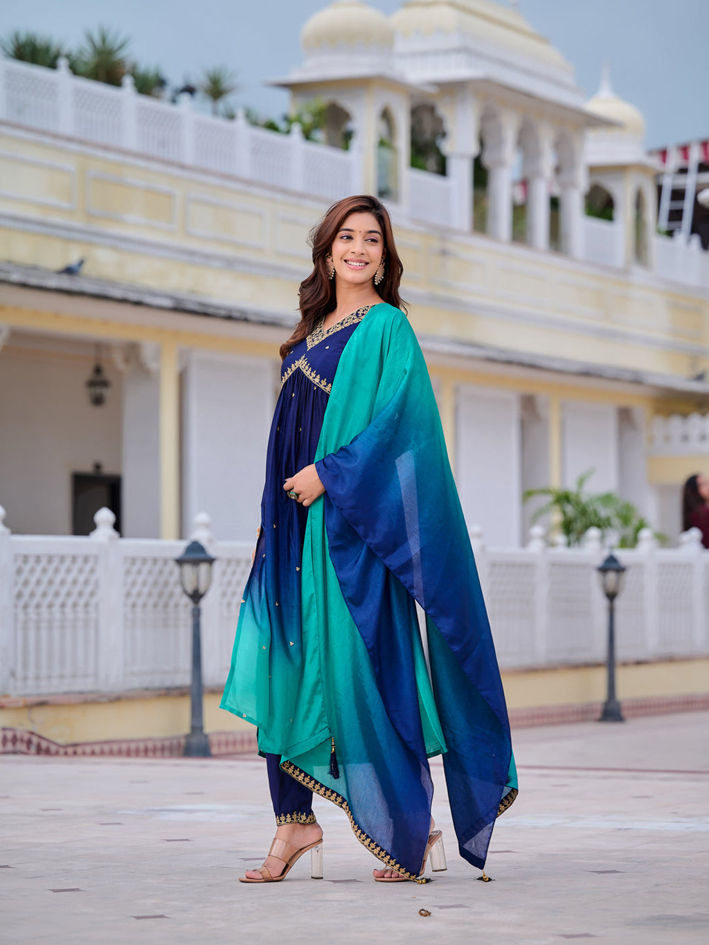 Alia Cut Embroidered Silk Blend Kurta With Pant & Dupatta, Navy Blue - Hiral Fashion | Grocsy