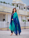 Alia Cut Embroidered Silk Blend Kurta With Pant & Dupatta, Navy Blue - Hiral Fashion | Grocsy
