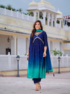 Alia Cut Embroidered Silk Blend Kurta With Pant & Dupatta, Navy Blue - Hiral Fashion | Grocsy