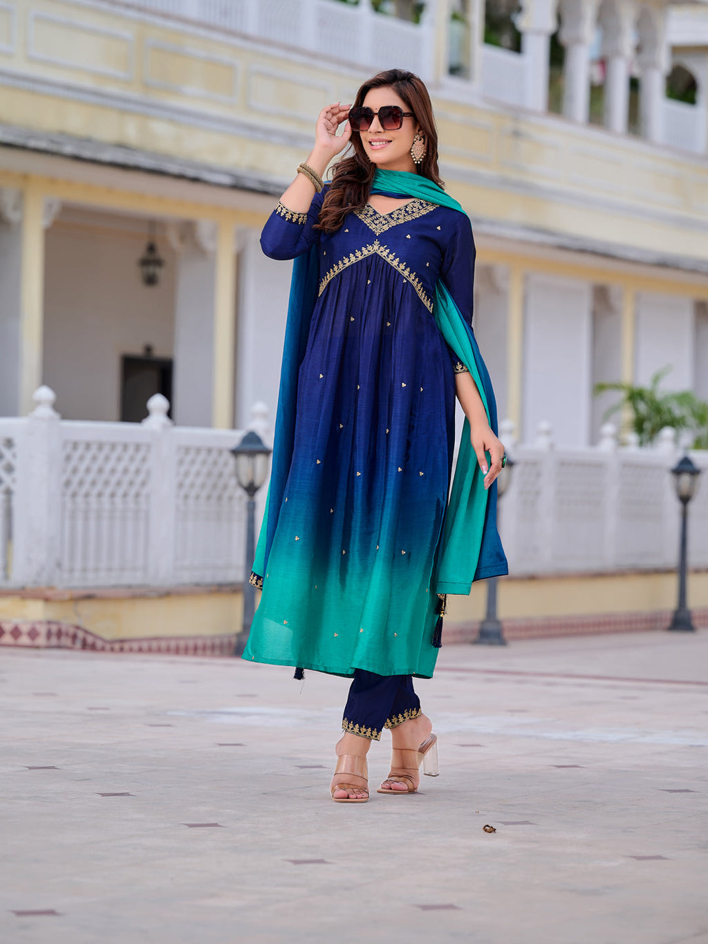 Alia Cut Embroidered Silk Blend Kurta With Pant & Dupatta, Navy Blue - Hiral Fashion | Grocsy