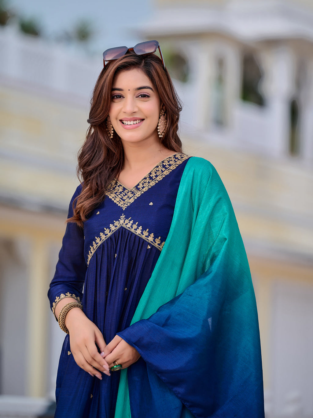 Alia Cut Embroidered Silk Blend Kurta With Pant & Dupatta, Navy Blue - Hiral Fashion | Grocsy