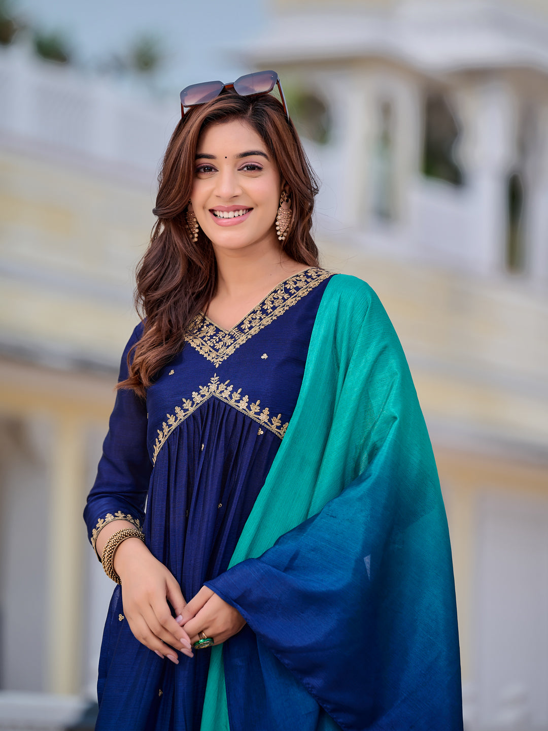 Alia Cut Embroidered Silk Blend Kurta With Pant & Dupatta, Navy Blue - Hiral Fashion | Grocsy