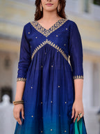 Alia Cut Embroidered Silk Blend Kurta With Pant & Dupatta, Navy Blue - Hiral Fashion | Grocsy