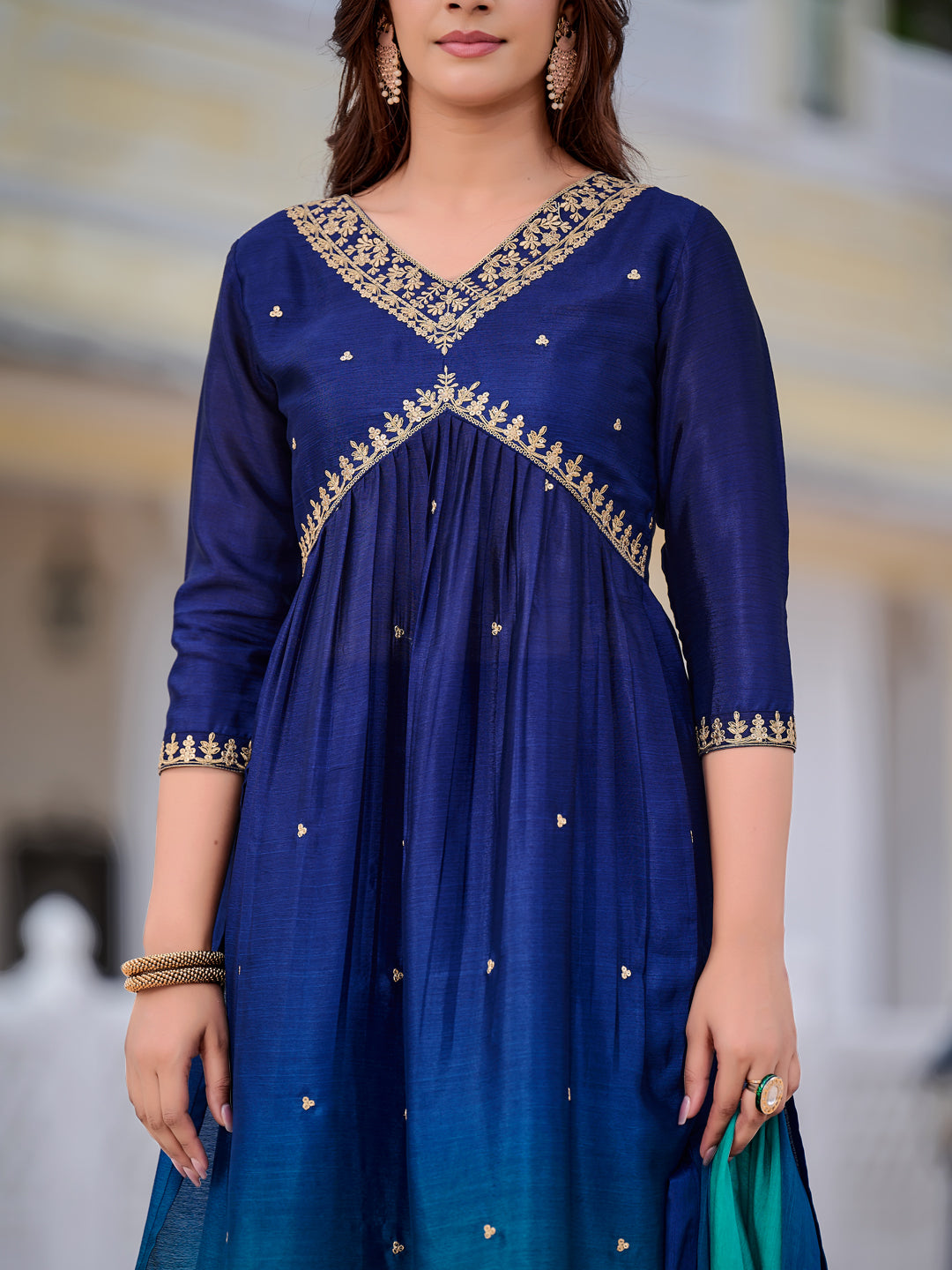 Alia Cut Embroidered Silk Blend Kurta With Pant & Dupatta, Navy Blue - Hiral Fashion | Grocsy